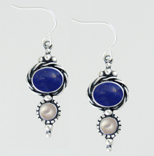 Sterling Silver Drop Dangle Earrings With Lapis Lazuli And Cultured Freshwater Pearl